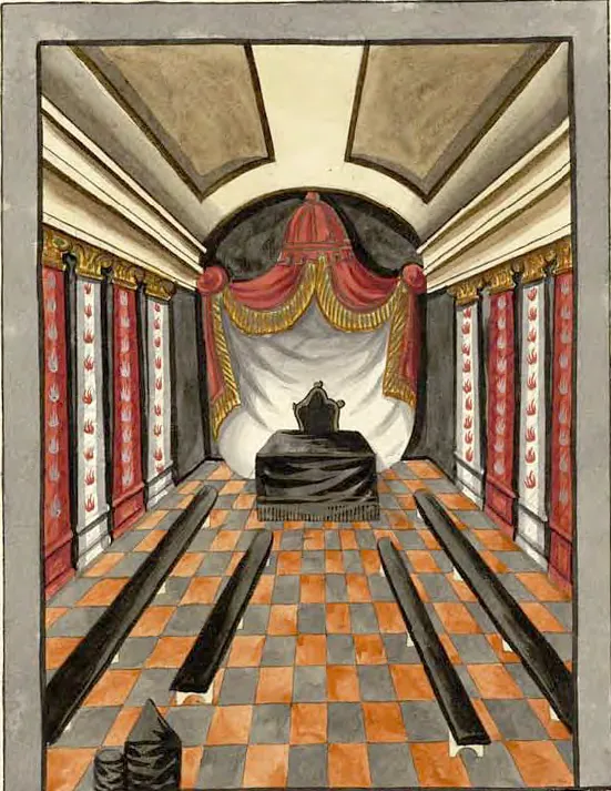 Tableau de la loge du Maître Élu des Neuf, manuscrit Quesada, planche XIX
