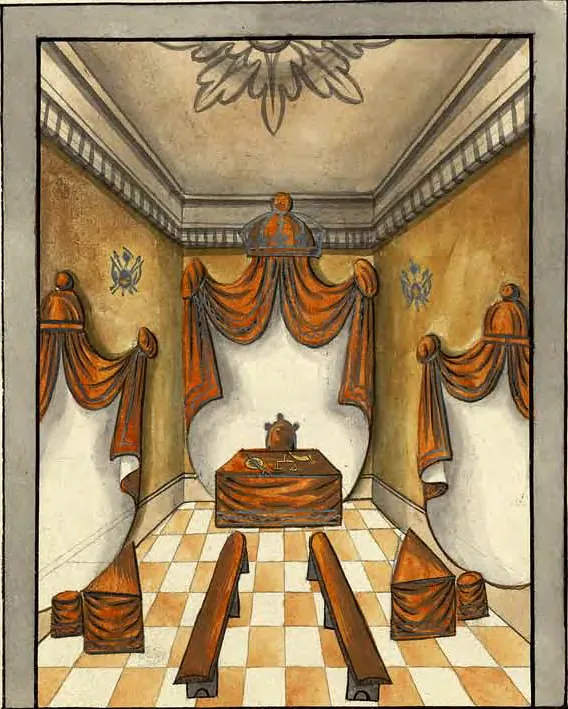 Tableau de la loge du Prince de Jérusalem, manuscrit Quesada, planche XXXIV