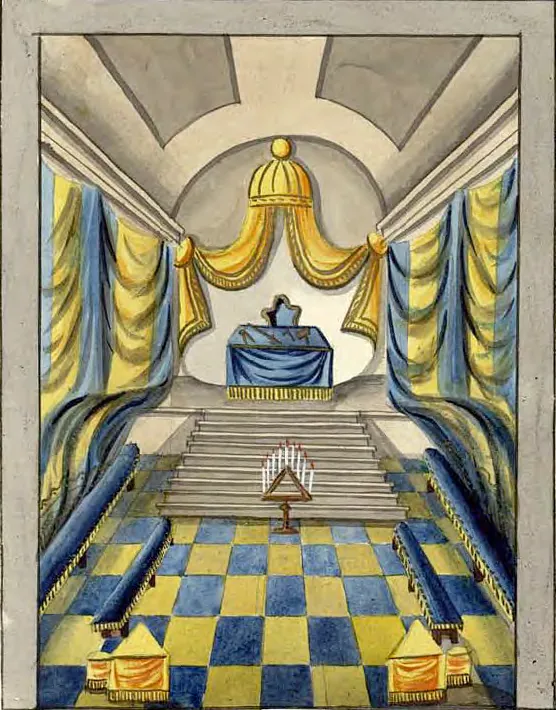 Tableau de la loge du Vénérable Grand Maître de toutes les Loges, manuscrit Quesada, planche XLVI