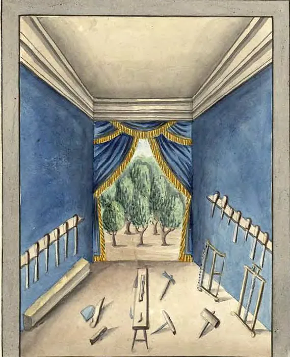 Tableau de la loge du Chevalier de Royal Hache, manuscrit Quesada, planche LI